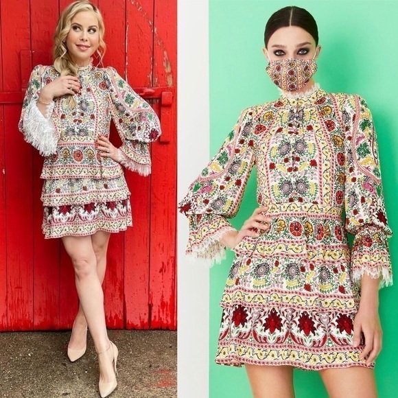 Alice + Olivia Dress Lawson Floral Buttoned Mini Flower Pot Ecru Multi 4 EUC - Picture 9 of 11